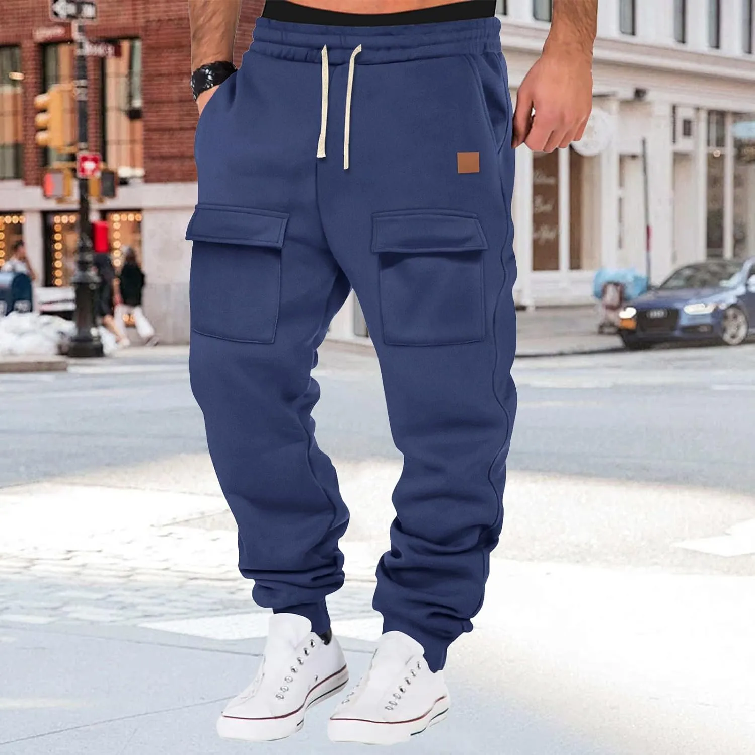 Mens Baggy Drawstring Waist Fleece Lined Relaxed Casual Running Athletic Workout Cargo Jogger Sweat Trousers Pants