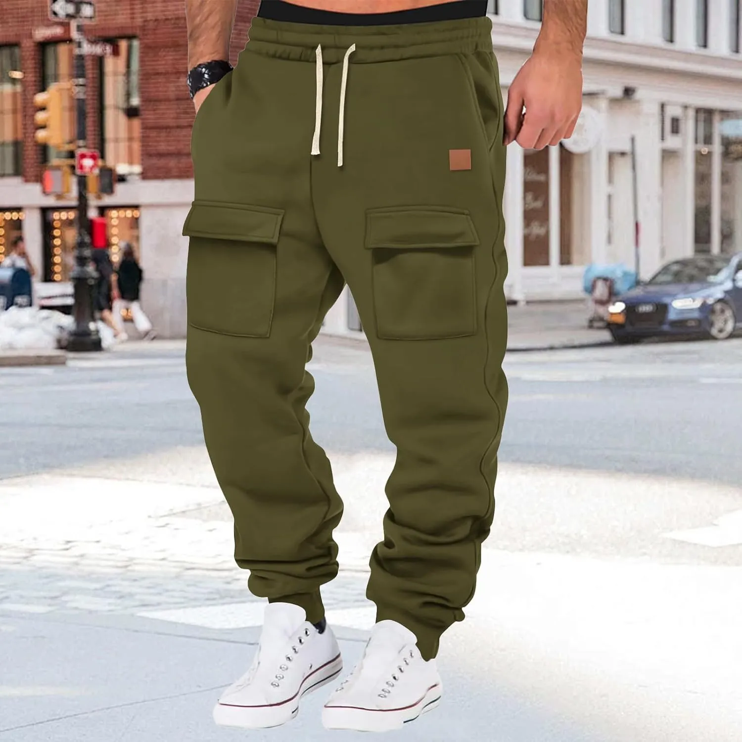 Mens Baggy Drawstring Waist Fleece Lined Relaxed Casual Running Athletic Workout Cargo Jogger Sweat Trousers Pants