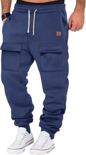 Mens Baggy Drawstring Waist Fleece Lined Relaxed Casual Running Athletic Workout Cargo Jogger Sweat Trousers Pants