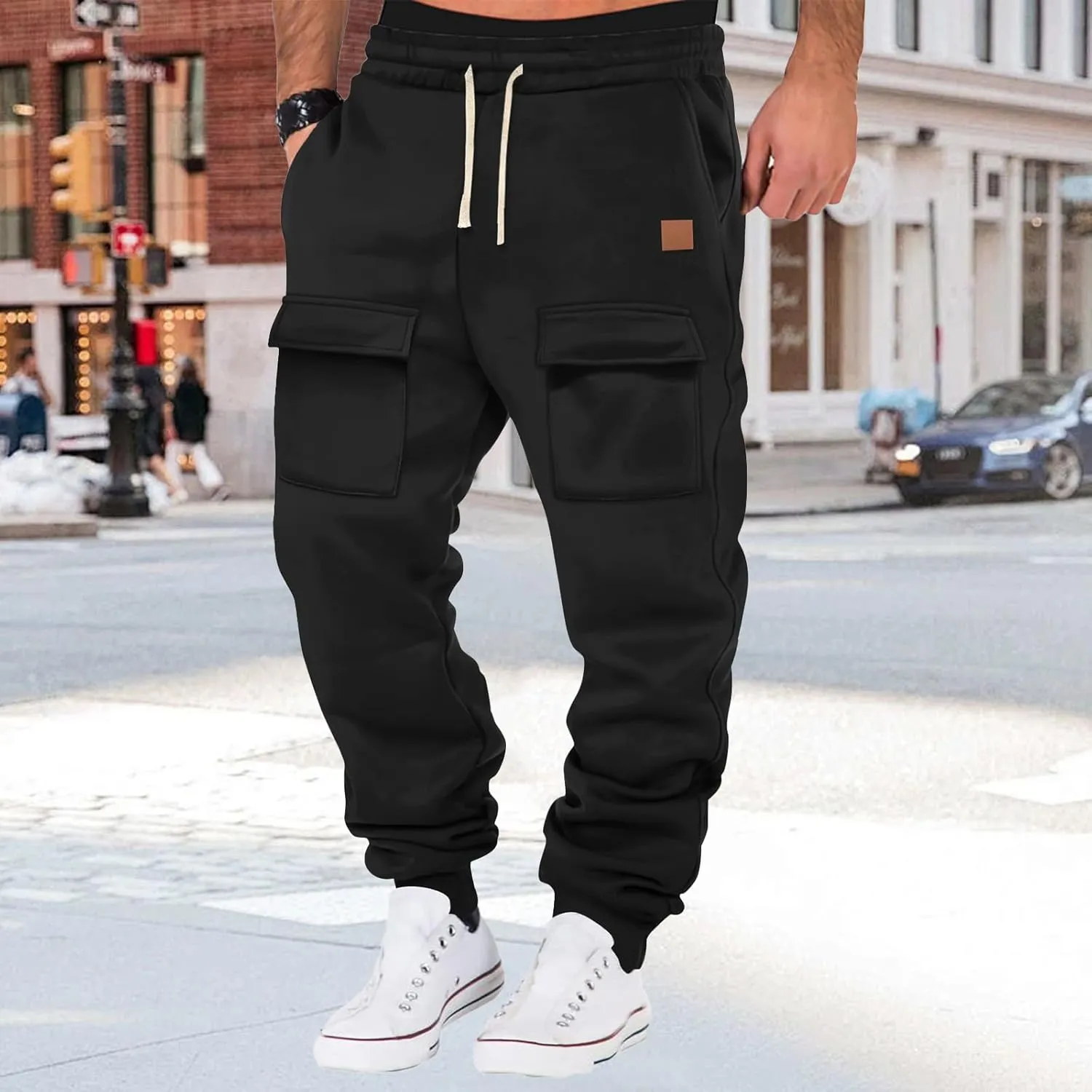 Mens Baggy Drawstring Waist Fleece Lined Relaxed Casual Running Athletic Workout Cargo Jogger Sweat Trousers Pants