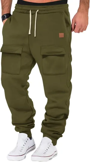 Mens Baggy Drawstring Waist Fleece Lined Relaxed Casual Running Athletic Workout Cargo Jogger Sweat Trousers Pants