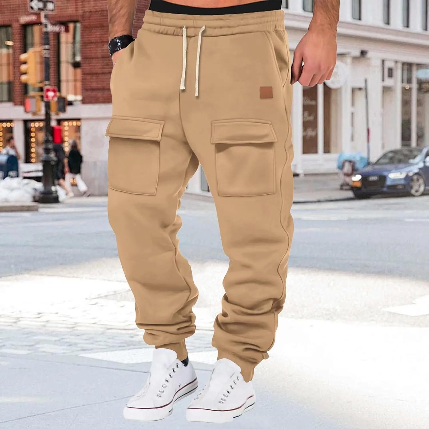 Mens Baggy Drawstring Waist Fleece Lined Relaxed Casual Running Athletic Workout Cargo Jogger Sweat Trousers Pants