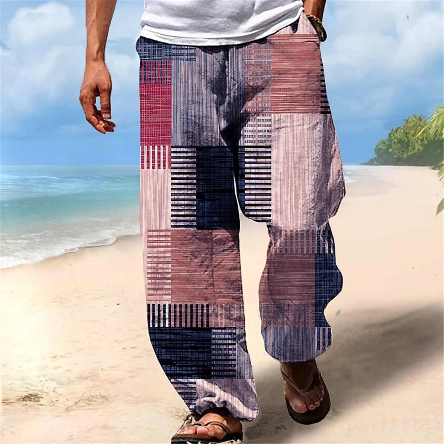 Mens Casual Linen Beach Pants Summer Fashion Jogger Yoga Linen Pants Loose Fit Relaxed Elastic Drawstring Waist