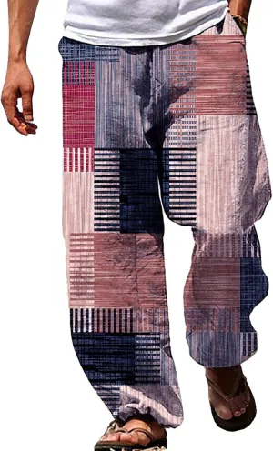 Mens Casual Linen Beach Pants Summer Fashion Jogger Yoga Linen Pants Loose Fit Relaxed Elastic Drawstring Waist