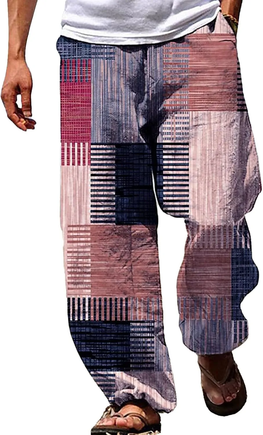 Mens Casual Linen Beach Pants Summer Fashion Jogger Yoga Linen Pants Loose Fit Relaxed Elastic Drawstring Waist