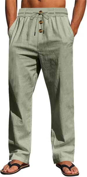 Men's Casual Linen Pants Relaxed Drawstring Thin Trousers Breathable Open Bottom Pants Stylish Simple Baggy Trousers