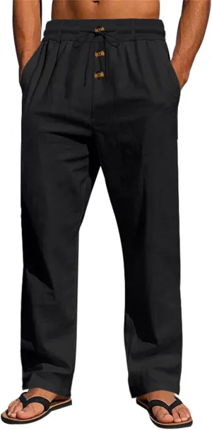 Men's Casual Linen Pants Relaxed Drawstring Thin Trousers Breathable Open Bottom Pants Stylish Simple Baggy Trousers