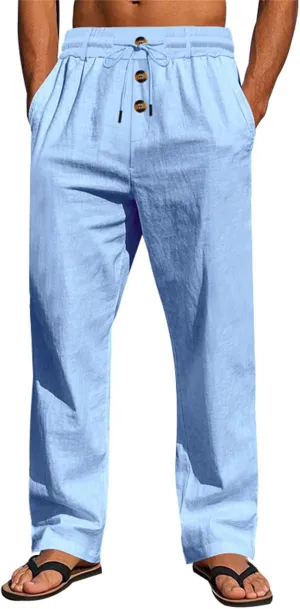 Men's Casual Linen Pants Relaxed Drawstring Thin Trousers Breathable Open Bottom Pants Stylish Simple Baggy Trousers
