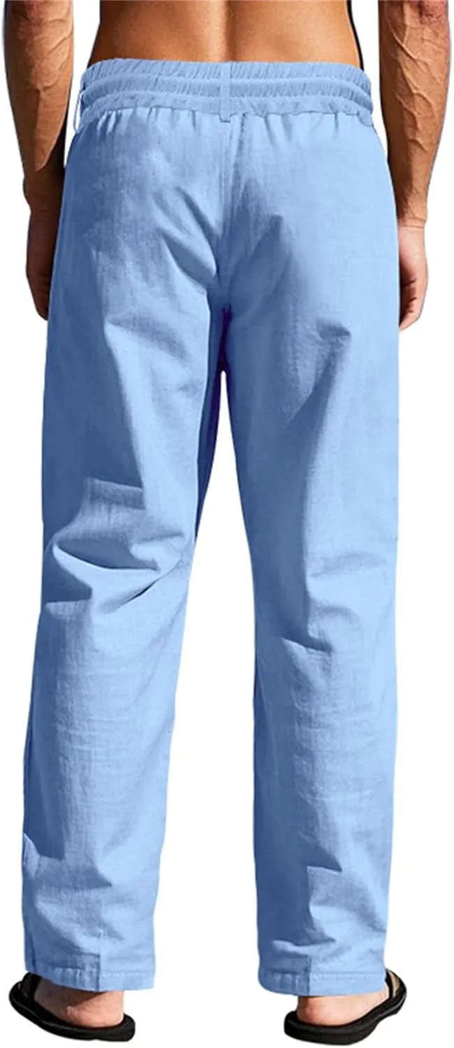 Men's Casual Linen Pants Relaxed Drawstring Thin Trousers Breathable Open Bottom Pants Stylish Simple Baggy Trousers