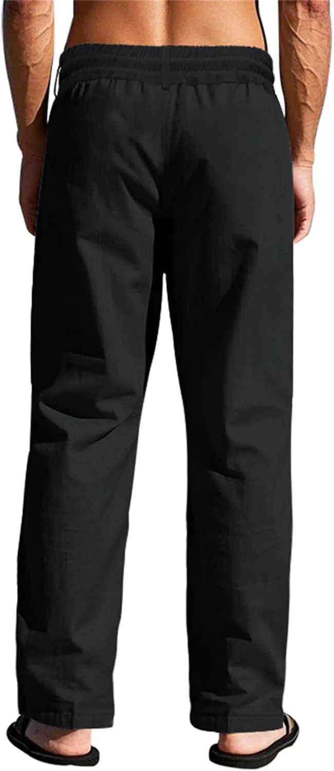 Men's Casual Linen Pants Relaxed Drawstring Thin Trousers Breathable Open Bottom Pants Stylish Simple Baggy Trousers