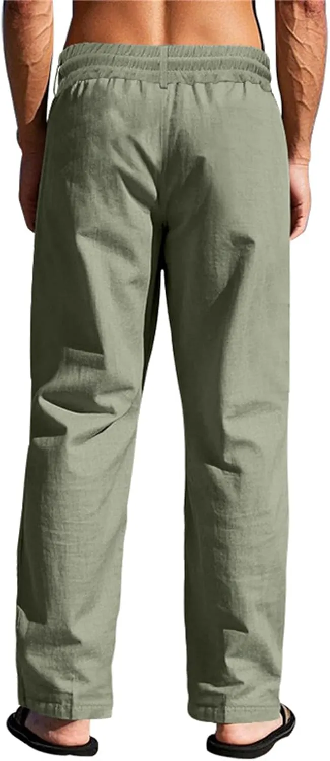 Men's Casual Linen Pants Relaxed Drawstring Thin Trousers Breathable Open Bottom Pants Stylish Simple Baggy Trousers