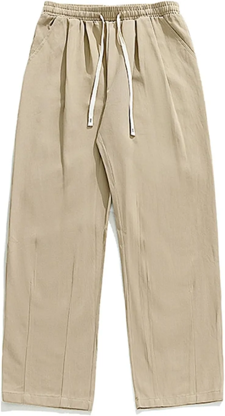Mens Casual Pants 2024 Fashion Boho Drawstring Waist Pants Relaxed Slim Fit Streetwear Trousers with Pockets