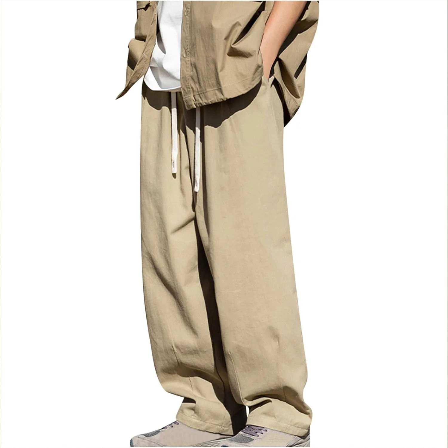 Mens Casual Pants 2024 Fashion Boho Drawstring Waist Pants Relaxed Slim Fit Streetwear Trousers with Pockets