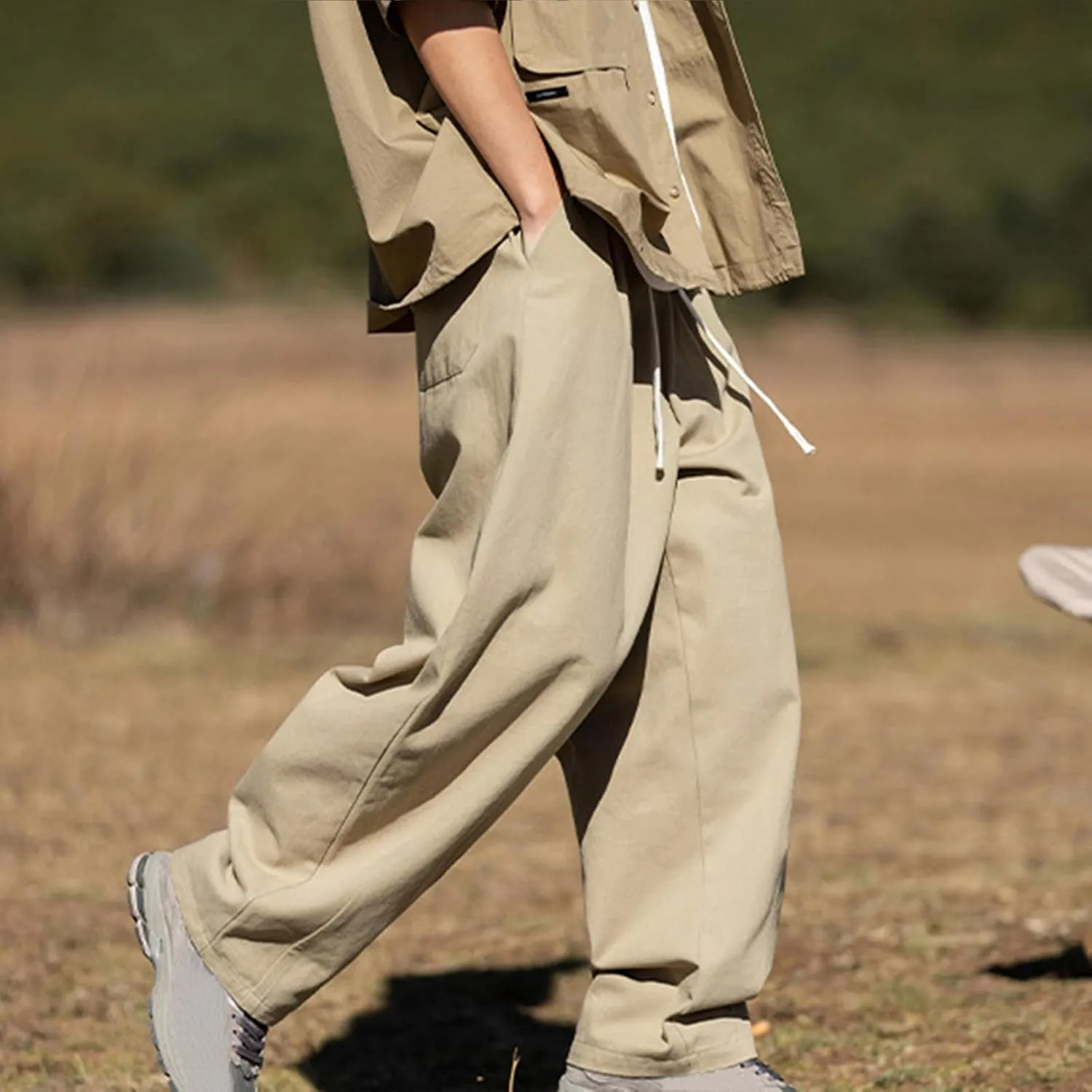 Mens Casual Pants 2024 Fashion Boho Drawstring Waist Pants Relaxed Slim Fit Streetwear Trousers with Pockets