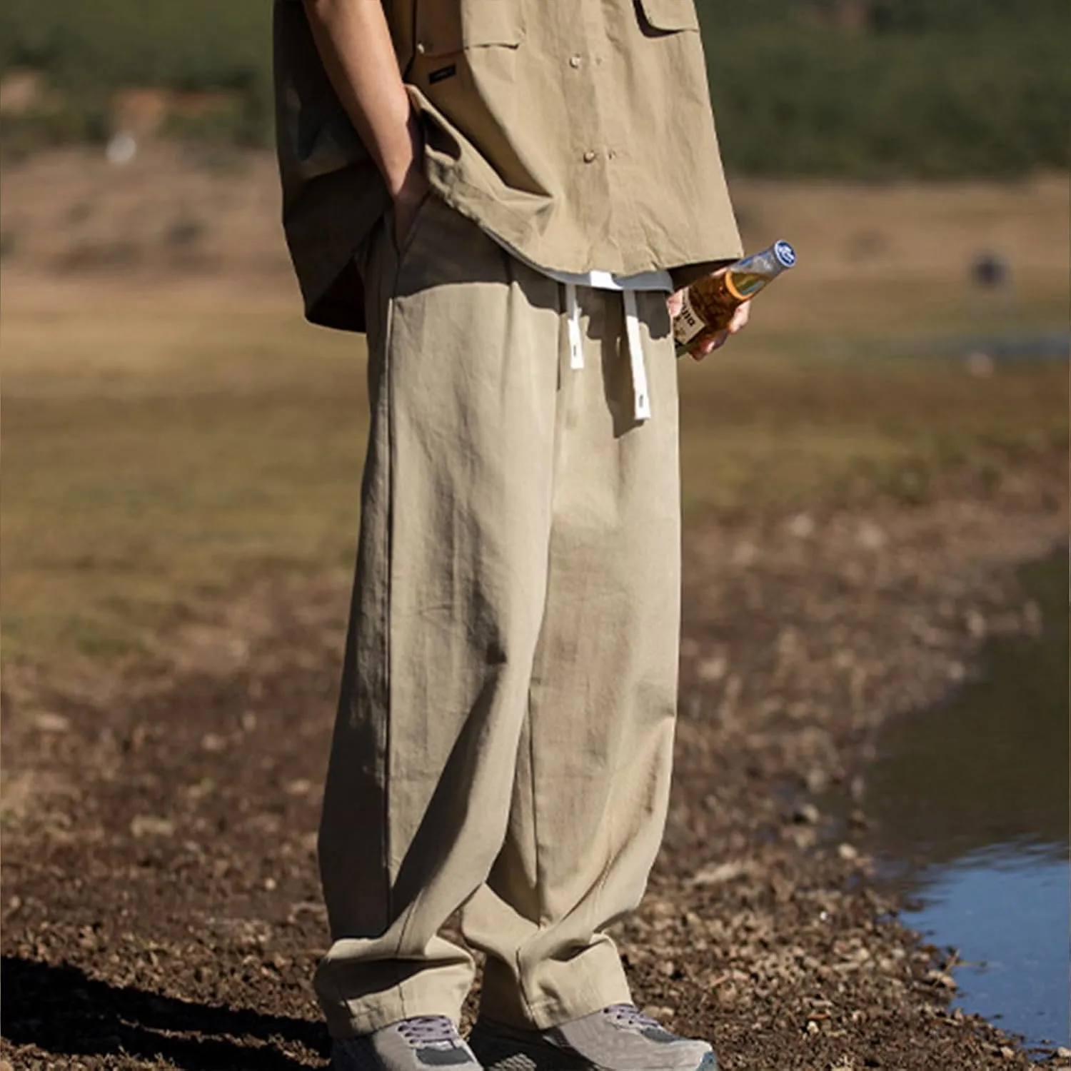 Mens Casual Pants 2024 Fashion Boho Drawstring Waist Pants Relaxed Slim Fit Streetwear Trousers with Pockets