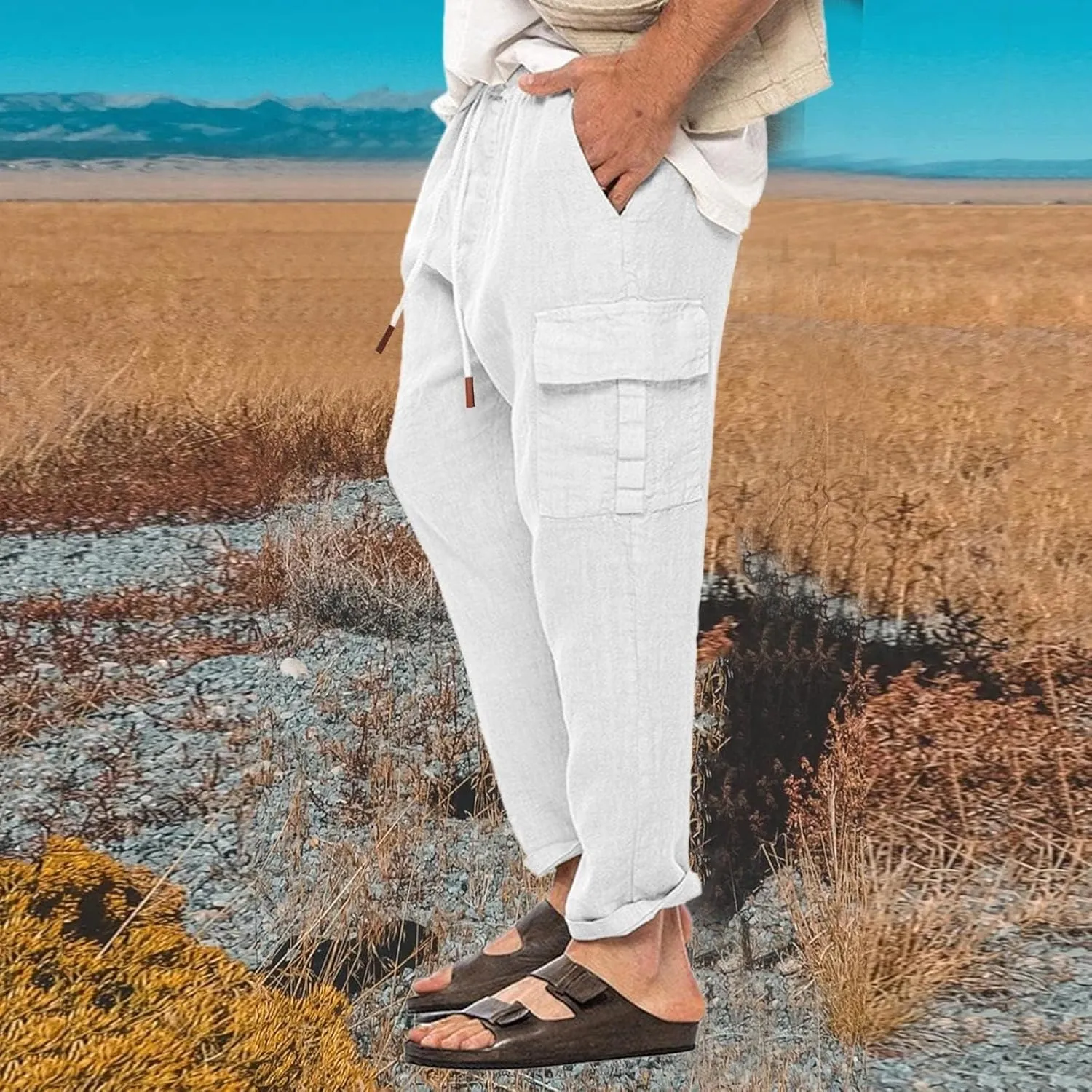 Men's Casual Pants Linen Relaxed Lightweight Casual Trousers Wide Leg Breathable Drawstring Waist Summer Beach Pant