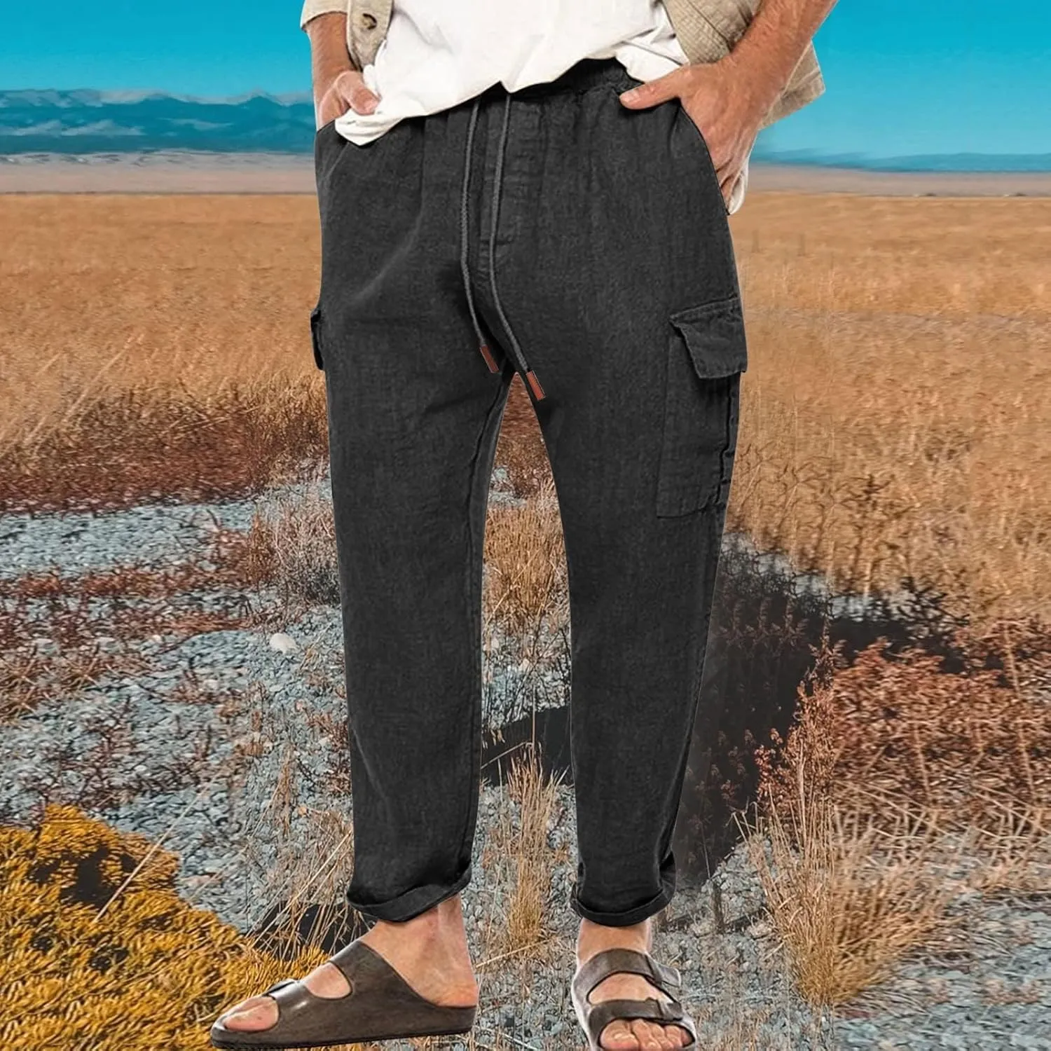 Men's Casual Pants Linen Relaxed Lightweight Casual Trousers Wide Leg Breathable Drawstring Waist Summer Beach Pant