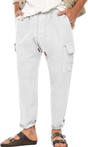 Men's Casual Pants Linen Relaxed Lightweight Casual Trousers Wide Leg Breathable Drawstring Waist Summer Beach Pant
