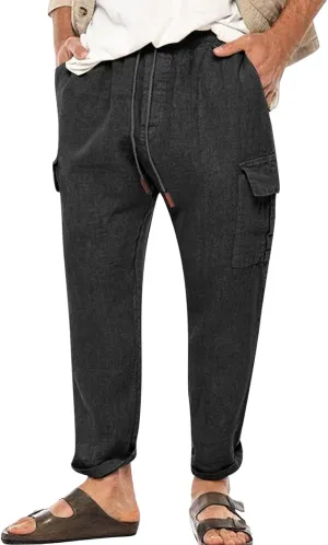 Men's Casual Pants Linen Relaxed Lightweight Casual Trousers Wide Leg Breathable Drawstring Waist Summer Beach Pant