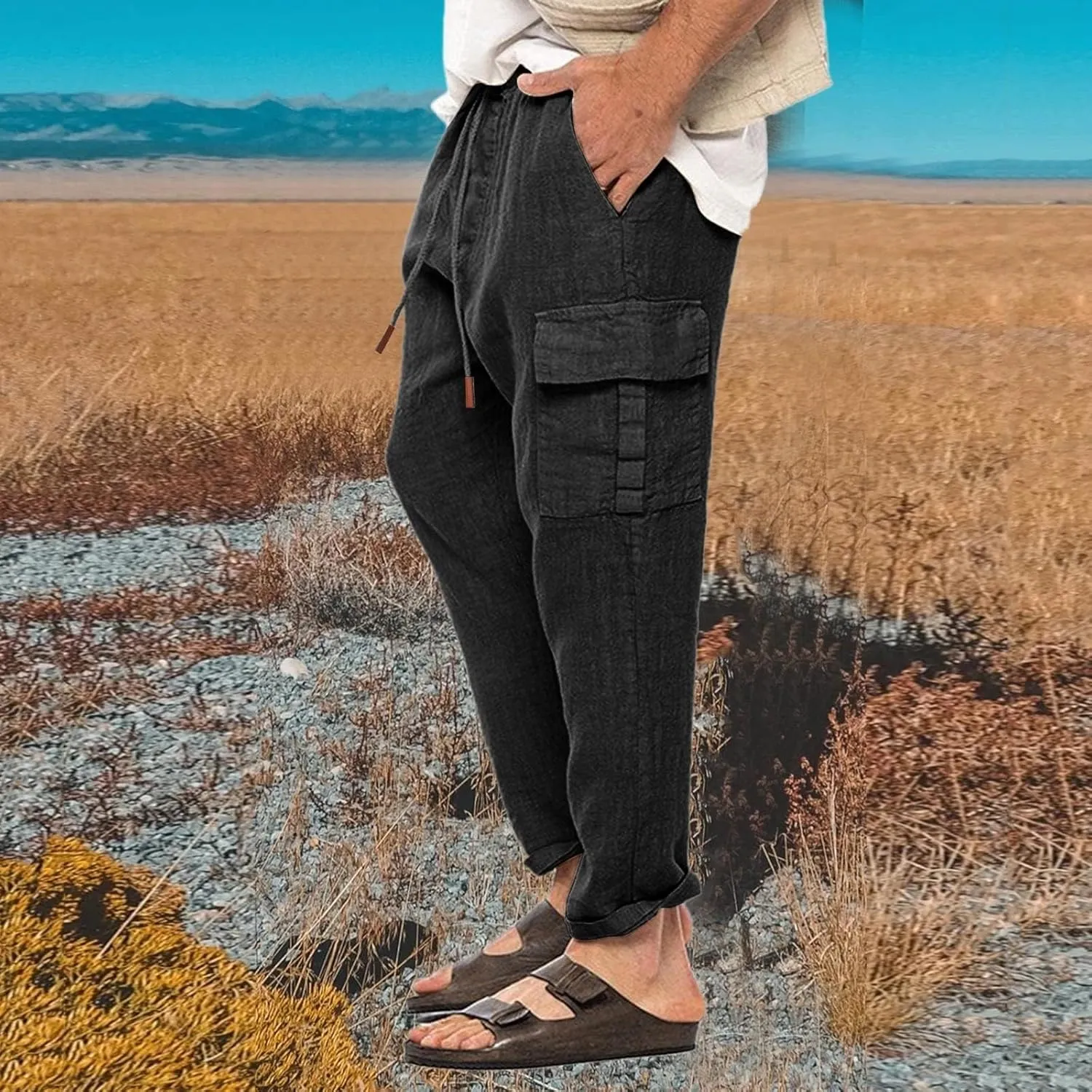 Men's Casual Pants Linen Relaxed Lightweight Casual Trousers Wide Leg Breathable Drawstring Waist Summer Beach Pant