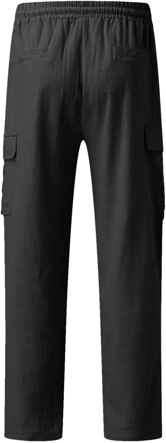 Men's Casual Pants Linen Relaxed Lightweight Casual Trousers Wide Leg Breathable Drawstring Waist Summer Beach Pant
