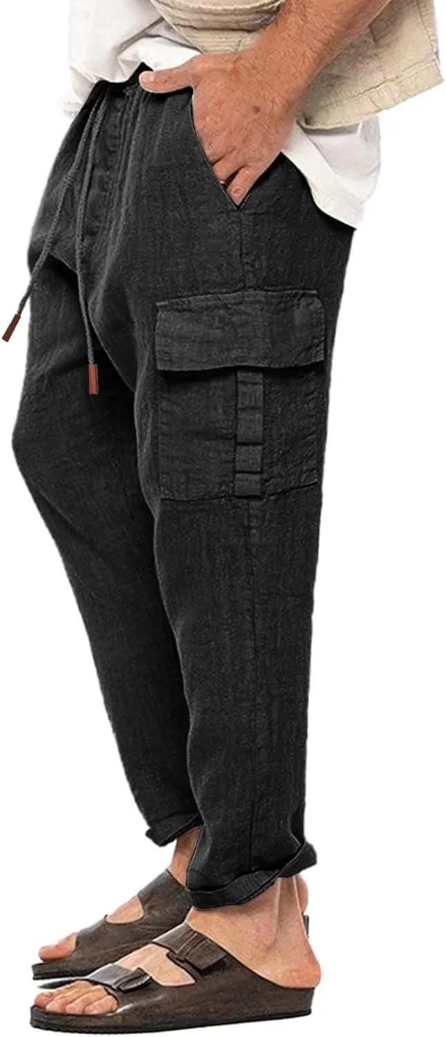 Men's Casual Pants Linen Relaxed Lightweight Casual Trousers Wide Leg Breathable Drawstring Waist Summer Beach Pant