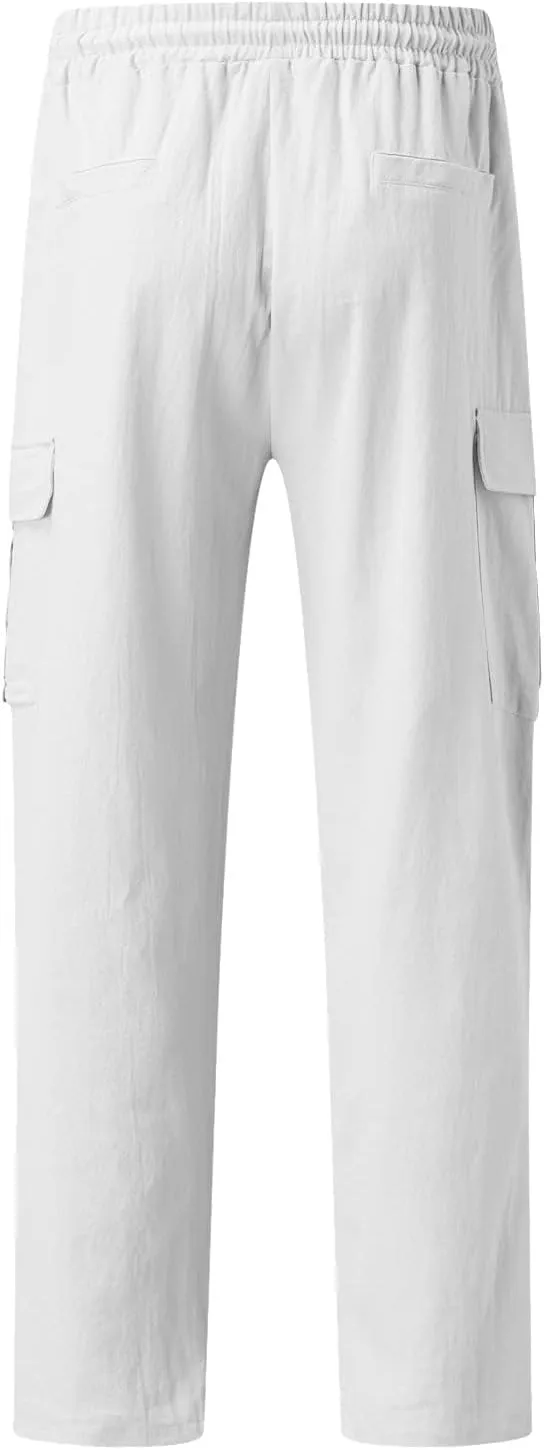 Men's Casual Pants Linen Relaxed Lightweight Casual Trousers Wide Leg Breathable Drawstring Waist Summer Beach Pant
