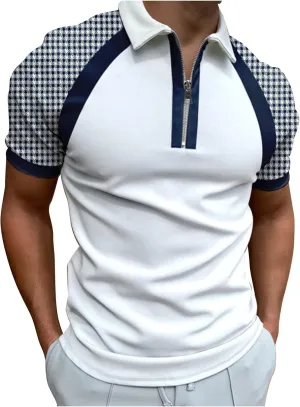 Men's Classic Short Sleeve Polo Shirt Zip Up Casual Summer Slim Fit T-Shirts Striped Graphic Printed Tops Beach Tees E-Blue