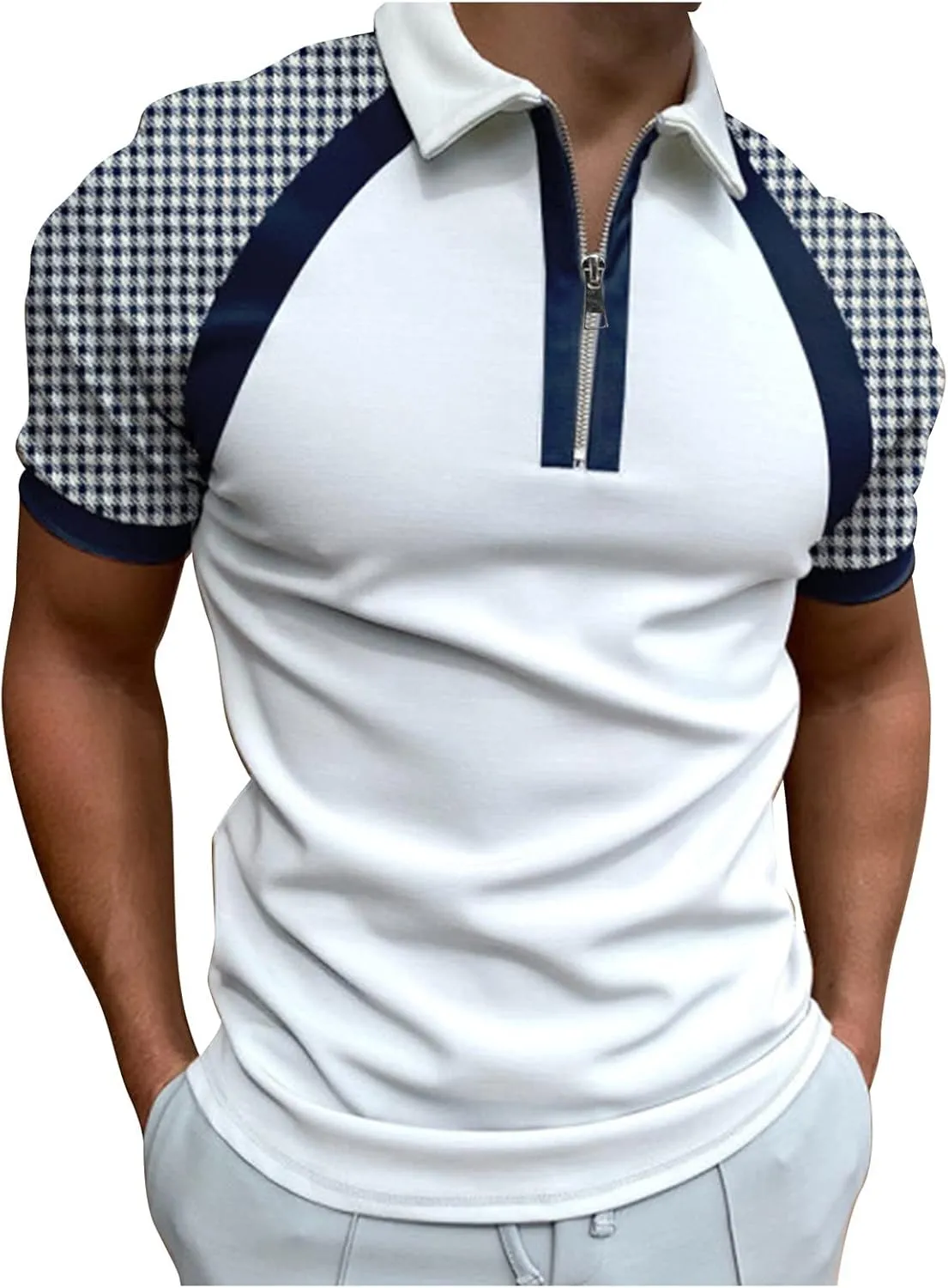Men's Classic Short Sleeve Polo Shirt Zip Up Casual Summer Slim Fit T-Shirts Striped Graphic Printed Tops Beach Tees E-Blue