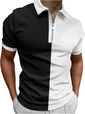 Men's Classic Short Sleeve Polo Shirt Zip Up Casual Summer Slim Fit T-Shirts Striped Graphic Printed Tops Beach Tees