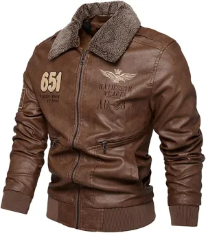 Men's Cool Bomber Pilot Leather Jacket Mens Winter Motorcycle Varsity Fleece Jackets