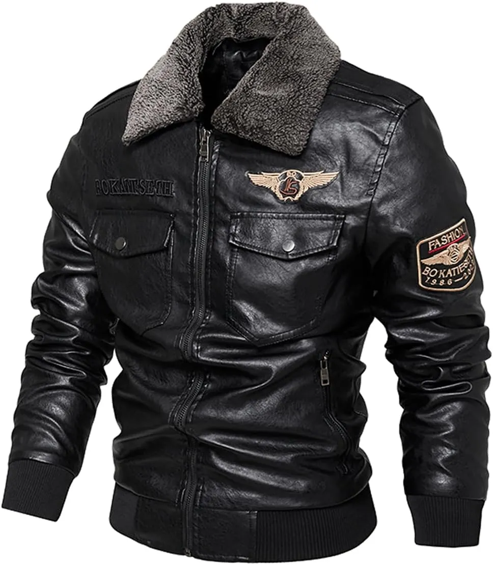 Men's Cool Bomber Pilot Leather Jacket Mens Winter Motorcycle Varsity Fleece Jackets