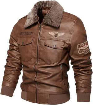 Men's Cool Bomber Pilot Leather Jacket Mens Winter Motorcycle Varsity Fleece Jackets