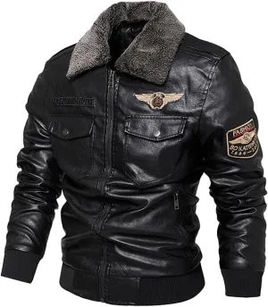 Men's Cool Bomber Pilot Leather Jacket Mens Winter Motorcycle Varsity Fleece Jackets