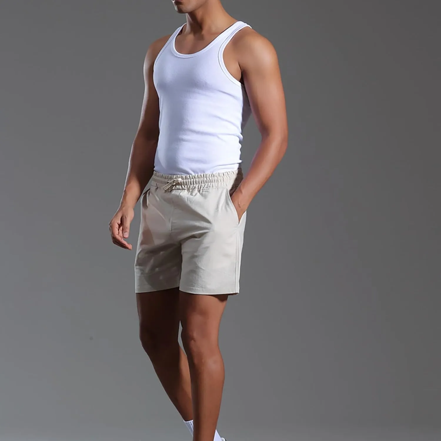 Mens Cotton Linen Classic 7 Inch Shorts with Pockets Elastic Waist Drawstring Athletic Fit Lightweight Running Short for Men
