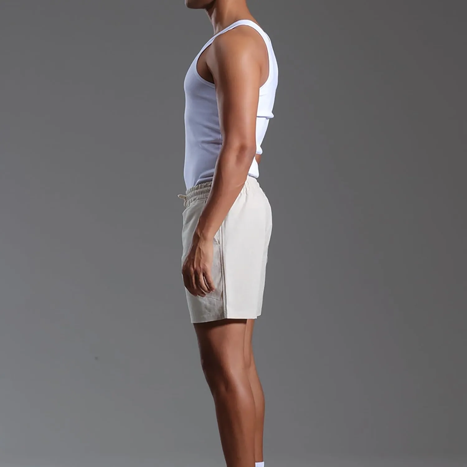 Mens Cotton Linen Classic 7 Inch Shorts with Pockets Elastic Waist Drawstring Athletic Fit Lightweight Running Short for Men