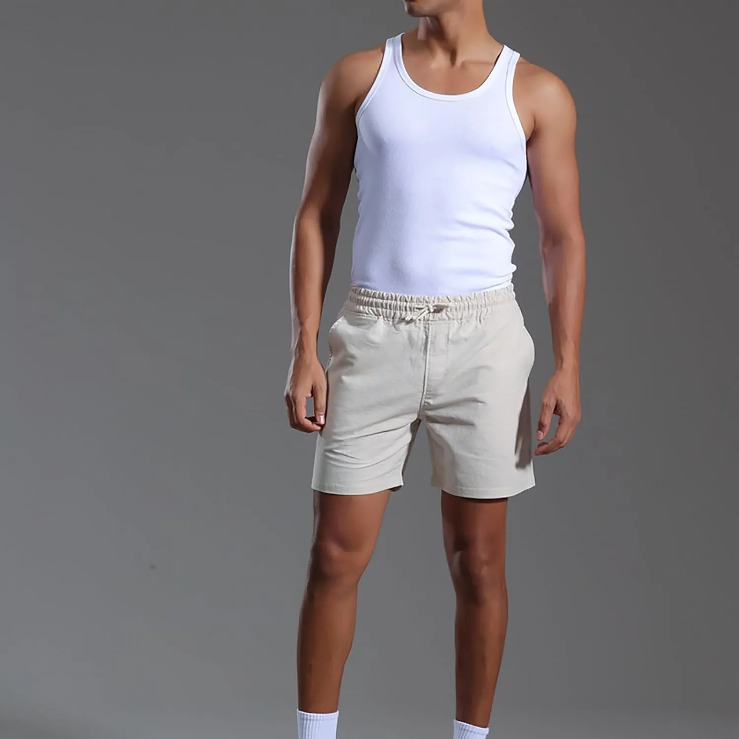 Mens Cotton Linen Classic 7 Inch Shorts with Pockets Elastic Waist Drawstring Athletic Fit Lightweight Running Short for Men