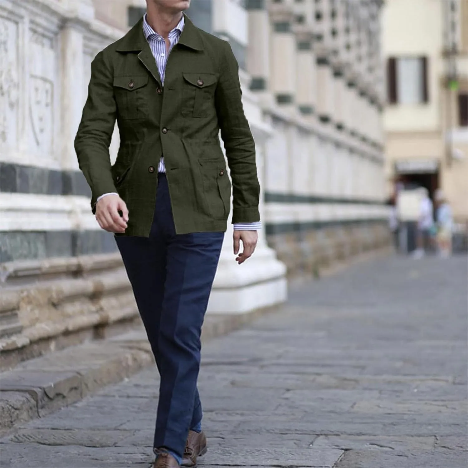 Mens Field Jacket Casual Cotton Linen Lightweight Safari Shirts with Pockets Utility Military Button Down Work Coats
