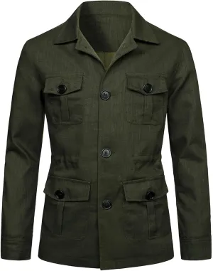 Mens Field Jacket Casual Cotton Linen Lightweight Safari Shirts with Pockets Utility Military Button Down Work Coats