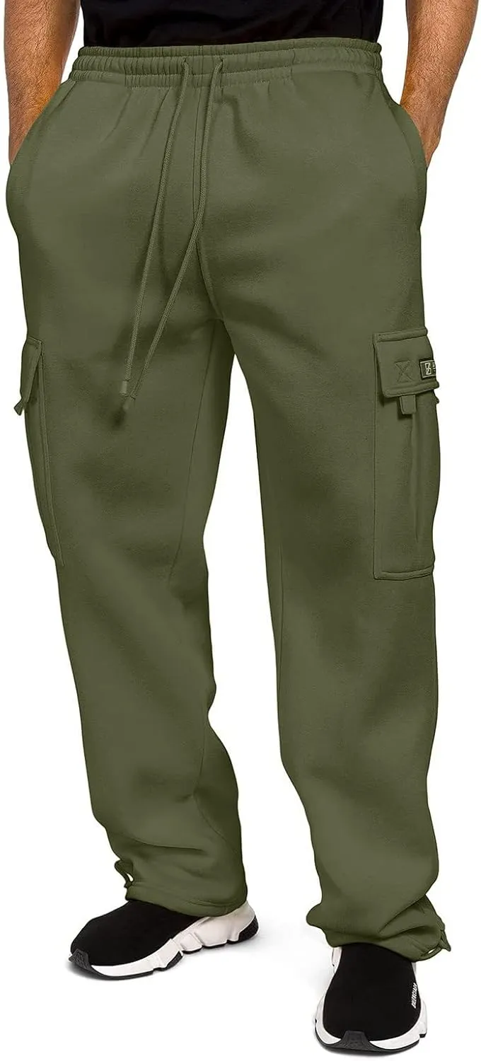 Mens Heavyweight Fleece Cargo Relaxed Fit Stretch Sweatpants Joggers with Pockets Fashion Sport Baggy Pants Trousers