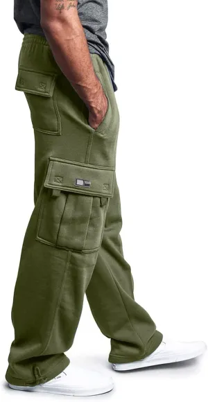 Mens Heavyweight Fleece Cargo Relaxed Fit Stretch Sweatpants Joggers with Pockets Fashion Sport Baggy Pants Trousers