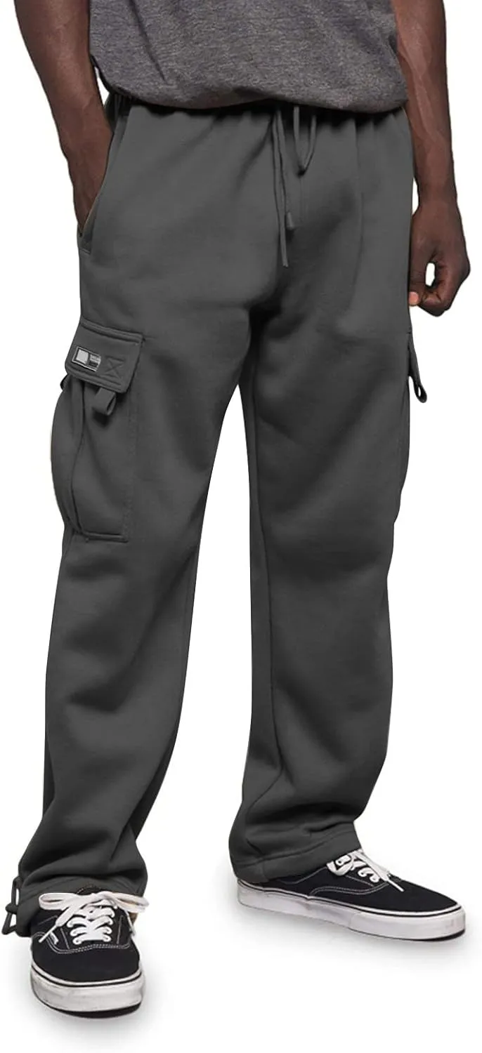 Mens Heavyweight Fleece Cargo Relaxed Fit Stretch Sweatpants Joggers with Pockets Fashion Sport Baggy Pants Trousers