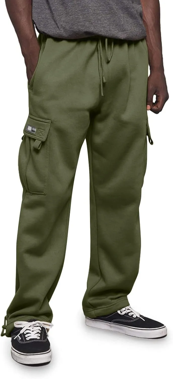 Mens Heavyweight Fleece Cargo Relaxed Fit Stretch Sweatpants Joggers with Pockets Fashion Sport Baggy Pants Trousers