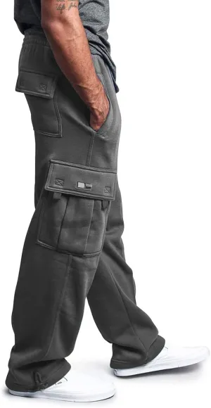 Mens Heavyweight Fleece Cargo Relaxed Fit Stretch Sweatpants Joggers with Pockets Fashion Sport Baggy Pants Trousers