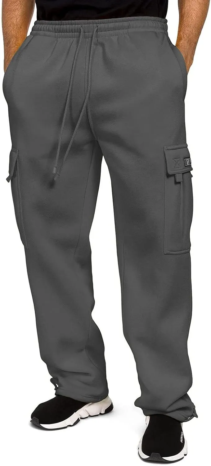 Mens Heavyweight Fleece Cargo Relaxed Fit Stretch Sweatpants Joggers with Pockets Fashion Sport Baggy Pants Trousers