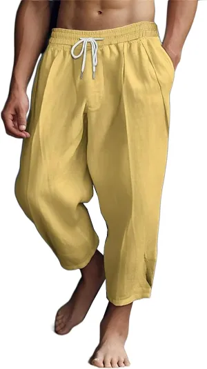 Men's Lightweight Cotton Linen Harem Pants Drawstring Casual Cropped Trousers with Pockets for Beach Yoga Relaxed Wear