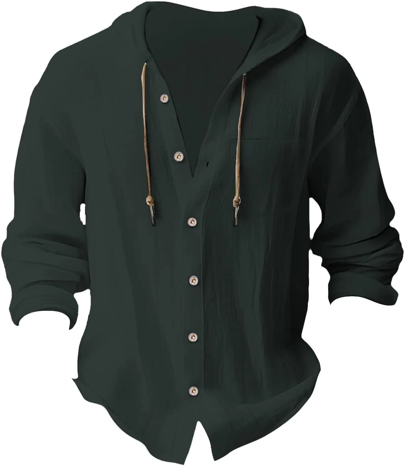 Mens Linen Button Down Shirts Casual Long Sleeve Roll-Up V Neck Hooded Summer Casual Hawaiian Beach Tops