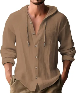 Mens Linen Button Down Shirts Casual Long Sleeve Roll-Up V Neck Hooded Summer Casual Hawaiian Beach Tops