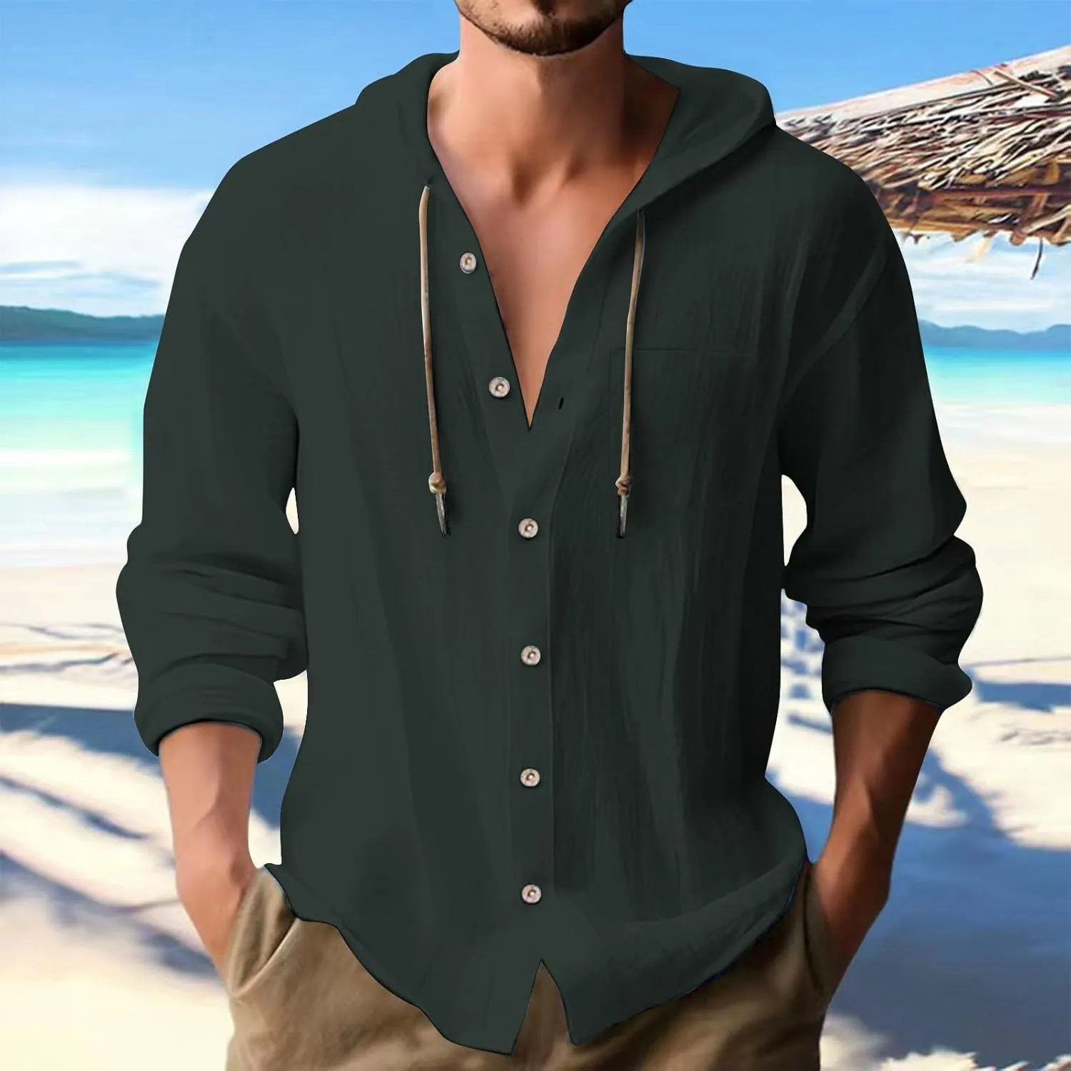 Mens Linen Button Down Shirts Casual Long Sleeve Roll-Up V Neck Hooded Summer Casual Hawaiian Beach Tops