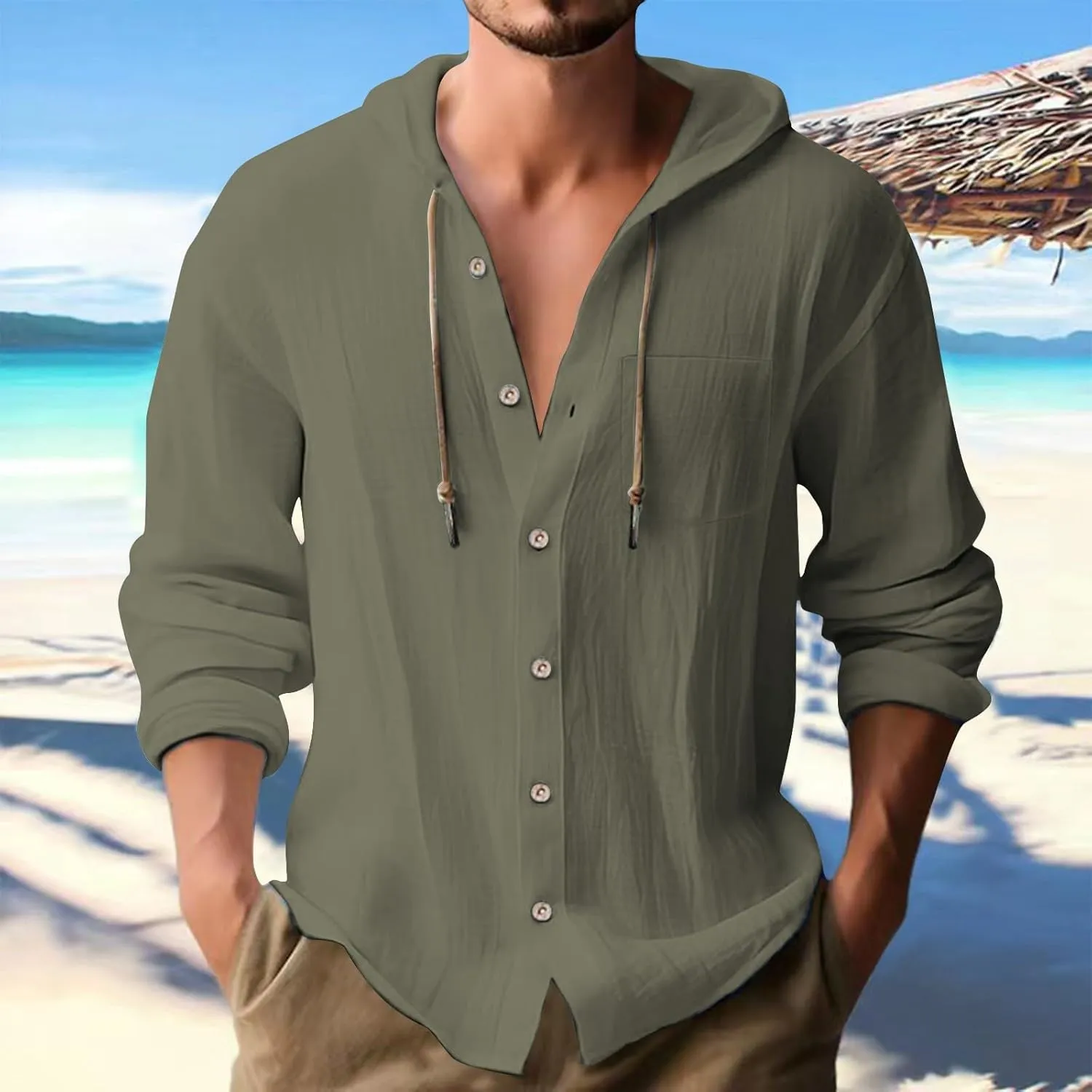 Mens Linen Button Down Shirts Casual Long Sleeve Roll-Up V Neck Hooded Summer Casual Hawaiian Beach Tops
